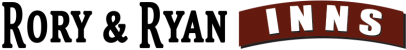 Logo with black text “Rory & Ryan” and white text “INNS” on a red curved background.